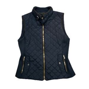 Zara Womens Quilted Vest Size Large Navy Blue Full Zip Pockets Mock Buckle Neck